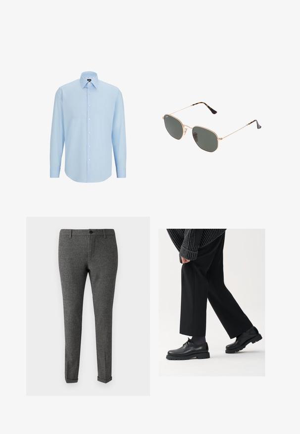 Svetlo modra dolga srajca z dolgimi rokavi, izdelana iz gladkega materiala, z gumbom spredaj, konicami ovratnika in običajnim krojem.; Sive karirane hlače iz tkanine, z gumbom za zapiranje, zankami za pas in manšetami za prilagojen videz.; Črne usnjene čEvlje s zaobljenim nosom, zavezovanjem in debelim, teksturiranim podplatom. Obute z urejenimi črnimi hlačami in rebrastim puloverjem.; Sončna očala z zlatim kovinskim okvirjem in temno zelenimi lečami, aviatorskega sloga, z vitekimi ročaji in želvovim vzorcem na konicah.