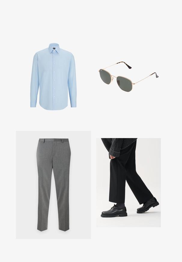 Svetlo modra dolga srajca z dolgimi rokavi, izdelana iz gladkega materiala, z gumbom spredaj, konicami ovratnika in običajnim krojem.; Sive prirejene hlače z drobnim ribjim vzorcem, ravnega kroja in z zankami za pas. Imajo potiskane gubice za urejen videz.; Črne usnjene čEvlje s zaobljenim nosom, zavezovanjem in debelim, teksturiranim podplatom. Obute z urejenimi črnimi hlačami in rebrastim puloverjem.; Sončna očala z zlatim kovinskim okvirjem in temno zelenimi lečami, aviatorskega sloga, z vitekimi ročaji in želvovim vzorcem na konicah.