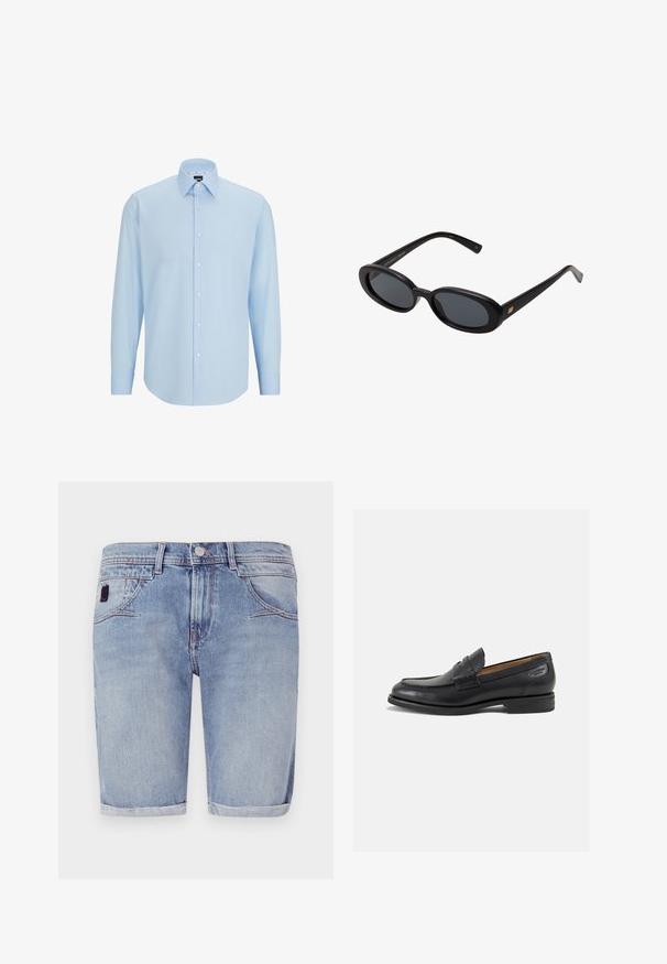 Hele sinine pikkade varrukatega kleidisärk, mis on valmistatud siledast kangast, millel on nööpidega eesmine osa, terav kaelus ja tavaline lõige.; Heledad sinine denimist lühikesed püksid, sirge lõikega, kerge ääre keeramise ja õrna fade'iga. Omab eesmistel taskutel ja väikest kangast silti.; Mustad mustad nahast loafers, sujuva viimistlusega, ümar sirge ja dekoratiivne tikand peal. Madal ja kergelt kuhjatud konts ning kerge läige.; Mustad mustad prillid ovaalsete läätsedega, sujuvast plastmassraamist ja kuldsete aktsentidega tempel. Tumedaid läätsi, mis pakuvad päikese kaitset.