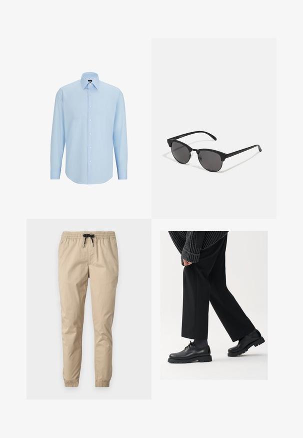 Svetlomodrá košeľa s dlhým rukávom vyrobená z hladkej tkaniny, s gombíkovou légiou, špicatým golierom a klasickým strihom.; Béžové ľahké nohavice s elastickým pásom a šnúrkou, s užšími nohavicami a elastickými manžetami. Hladká, textúrovaná látka.; Čierne kožené topánky s okrúhlou špičkou, viazaním a hrubou, štruktúrovanou podrážkou. Nosené s upravenými čiernymi nohavicami a rebrovaným sveterom.; Čierne slnečné okuliare s okrúhlymi šošovkami, matným povrchom a charakteristickým tvarom mačacích očí. Úzke ramená s nenápadným brandingom na ľvom chráničku.