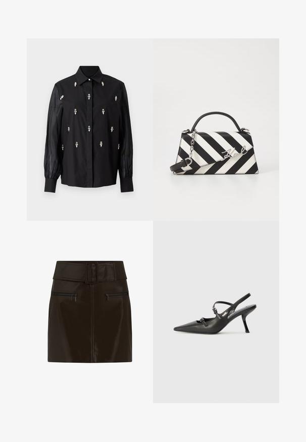 Zwarte shirt met een gestructureerd ontwerp, met doorschijnende mouwen en zilverkleurige decoratieve accenten die verticaal over de voorkant zijn geplaatst.; Bruine faux leren mini rok met een brede tailleband, vierkante gesp en twee ritszakken aan de zijkanten. Glad, glanzend textuur.; Zwarte leren slingback hakken met een spitse neus, slanke hak en decoratieve gespdetails op de bovenkant. Gladde textuur en een strakke uitstraling.; Zwart-wit gestreepte handtas met een gestructureerde vorm, voorzien van een bovenhandvat, een afneembare kettingriem en een metalen logo-accent.