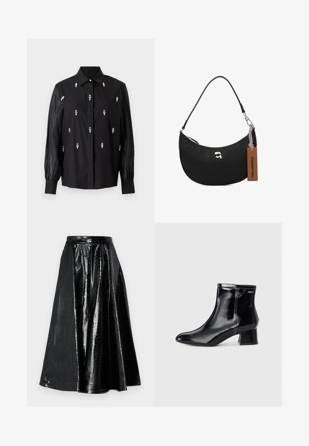 Černé tričko s strukturovaným designem, s průhlednými rukávy a stříbrnými dekorativními akcenty umístěnými vertikálně na přední straně.; Černá sukně z umělé kůže s raženou strukturou krokodýlí kůže, s rozšířeným střihem a plisováním, zakončená hladkým pasem.; KARL LAGERFELD BONNIE - Kotníkové boty - black; Černá kožená kabelka s tvarovanou texturou, zakřiveným tvarem, horním zipovým uzavřením, stříbrnými kovovými doplňky a hnědou visačkou. Obsahuje akcent s logem.