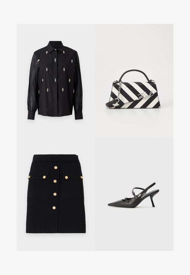 Cămașă neagră cu un design structurat, având mâneci transparente și accente decorative argintii dispuse vertical pe față.; Fustă neagră dintr-un material moale, cu croială dreaptă, butoni aurii pe față și două buzunare aplicate cu clapetă.; Pantofi cu toc slingback din piele neagră, cu vârful ascuțit, toc subțire și detaliu decorativ cu cataramă pe partea din față. Textură netedă și design elegant.; Geantă cu dungi alb-negru, cu o formă structurată, având un mâner superior, o curea din lanț detașabilă și un accent metalic cu logo.