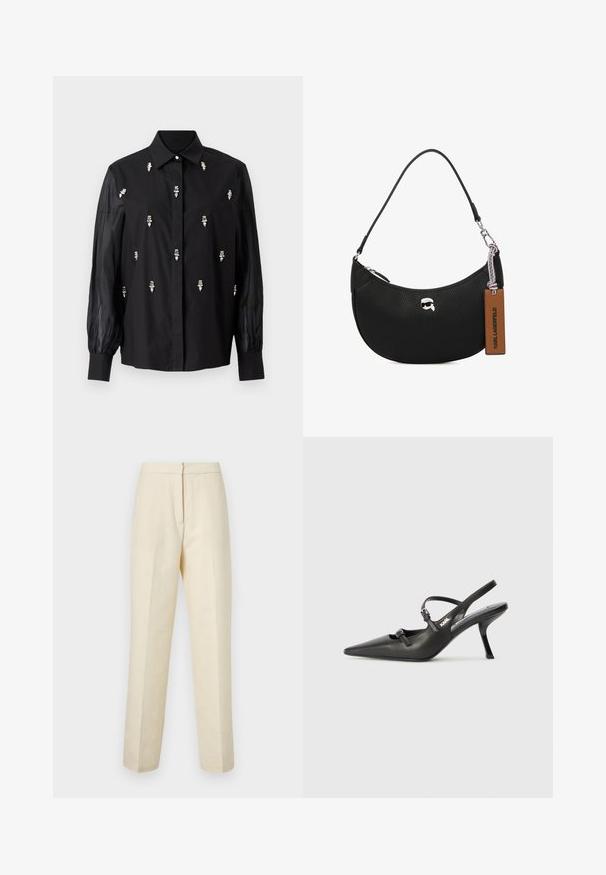 Maglietta nera con un design strutturato, con maniche trasparenti e accenti decorativi argentati posizionati verticalmente sul davanti.; Pantaloni su misura color crema chiaro con un motivo floreale testurizzato, dotati di gamba dritta e una cintura pulita con chiusura posteriore.; Scarpe slingback nere in pelle con punta affilata, tacco sottile e dettaglio decorativo a fibbia sulla tomaia. Texture liscia e design elegante.; Borsa a tracolla nera in pelle con texture martellata, forma curva, chiusura superiore con zip, hardware color argento e un'etichetta marrone. Presenta un accento con logo.