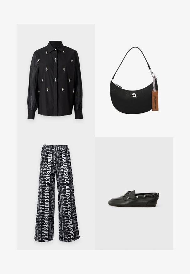 Čierna košeľa s rímskou konštrukciou, so priesvitnými rukávmi a striebornými dekoratívnymi akcentmi umiestnenými vertikálne cez prednú časť.; Čierne nohavice s voľným strihom a bielou grafickou potlačou po celom povrchu, obsahujúcou rôzne štýly a veľkosti textu. Elastický pás, mäkká textúra látky.; Čierne kožené lodné topánky s okrúhlou špičkou, šnurovaním vpredu, kovovými očkami a plochou podrážkou. Obsahuje malý pútko na zadnej strane.; Čierna kožená kabelka s textúrou jemných bradavíc, zakriveným tvarom, horným zipsom, striebornými kovaniami a hnedou visačkou. Má akcent v podobe loga.