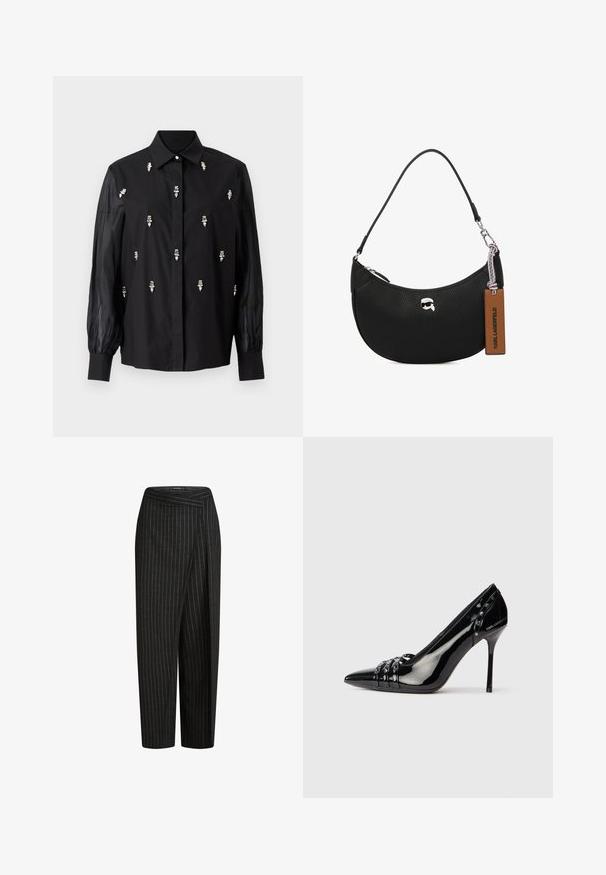 Čierna košeľa s rímskou konštrukciou, so priesvitnými rukávmi a striebornými dekoratívnymi akcentmi umiestnenými vertikálne cez prednú časť.; Čierne pruhované nohavice s širokými nohavicami, ktoré majú skrátenú dĺžku a preložený pás pre elegantný vzhľad. Mäkka textúra látky.; Čierne lakované lodičky na ihlovom opätku so špicatou špičkou, tromi dekoratívnymi pruhmi s cvočkami a značkou "Karl Lagerfeld" na opätku.; Čierna kožená kabelka s textúrou jemných bradavíc, zakriveným tvarom, horným zipsom, striebornými kovaniami a hnedou visačkou. Má akcent v podobe loga.