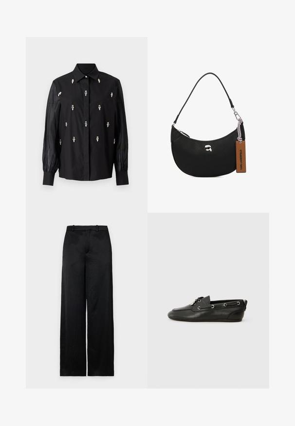 Chemise noire au design structuré, avec des manches transparentes et des accents décoratifs argentés positionnés verticalement sur le devant.; Pantalons larges noirs en tissu léger et texturé. Dotés d'une taille lisse avec des passants de ceinture et d'une silhouette droite et fluide.; Chaussures bateau en cuir noir avec bout arrondi, devant à lacets, oeillets en métal et semelle plate. Elles sont dotées d'une petite languette à l'arrière.; Sac à main en cuir noir avec une texture grainée, forme arrondie, fermeture à glissière sur le dessus, quincaillerie en argent et une étiquette marron. Présente un accent de logo.
