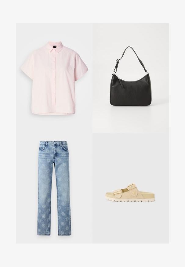 Šviesiai rožinė trumpomis rankovėmis marškinėlių palaidinė, pagaminta iš medvilnės. Yra klasikiniai apykaklės, priekiniai mygtukai ir išlenktas apatinis kraštas. Lygi tekstūra.; Šviesiai mėlynos džinsinės kelnės su šiek tiek išblukusiu paviršiumi, papuoštos gėlių raštu, turinčios penkias kišenes ir tiesią kojų kirpimo formą.; Bežinės šlepetės su dviem reguliuojamais auksiniais sagtimis, minkštu zomšiniu viršumi, tekstūruotu padu ir vidutiniu platformos aukščiu patogumui.; Juoda odinė rankinė su išlenkta forma, viena dirželiu, užtrauktuko uždarymu ir subtiliu ženklinimu priekyje. Lygus paviršius, minimalistinis dizainas.