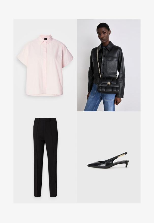 Világos rózsaszín, rövid ujjú, gombos ing, amely pamutból készült. Klasszikus gallérral, elülső gombokkal és ívelt hemje van. Simító textúra.; Fekete, slim fit fazonú nadrág, gombos rögzítéssel, két oldalsó zsebbel és sima szövettextúrával. Csíkozott részletezés látható.; Fekete bőr slingback magassarkúk, hegyes orral, vékony sarkakkal és arany színű részlettel a állítható pánton. Simа felület.; Fekete bőrkabát gombos záródással és két elülső zsebbel, fekete steppelt kézitáskával párosítva, amely arany csattal és lánc pánttal rendelkezik.