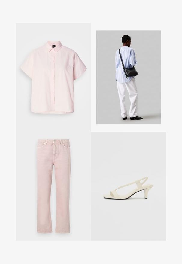 Šviesiai rožinė trumpomis rankovėmis marškinėlių palaidinė, pagaminta iš medvilnės. Yra klasikiniai apykaklės, priekiniai mygtukai ir išlenktas apatinis kraštas. Lygi tekstūra.; Šviesiai rožinės džinsinės kelnės su tiesiu kirpimu, penkiais kišenėmis ir užtrauktuku. Su siuvimo detalėmis ir sidabro spalvos aparatūros akcentais.; Kreminės blokų kulno šlepetės su plonomis dirželiais ir kvadratiniu pirštu. Lygus medžiaga su minimaliais akcentais, sukurtos lengvam dėvėjimui.; Juodas odinis petinis krepšys su minkšta tekstūra, trikampiu pavidalu ir reguliuojama juosta, derinamas su šviesiai mėlynu dryžuotu marškinėliu ir baltais džinsais.