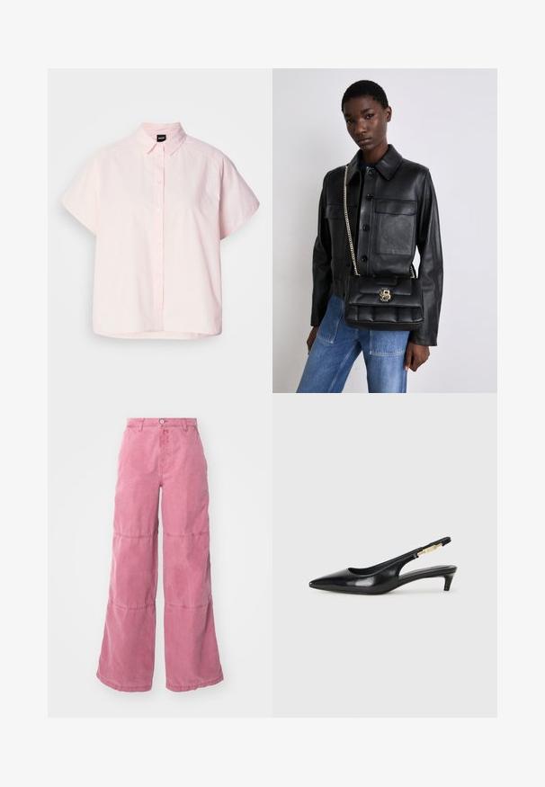 Cămașă scurtă cu mânecă, de culoare roz deschis, din bumbac. Prezintă un guler clasic, nasturi frontali și un tiv curbat. Textură netedă.; Pantaloni largi roz din bumbac, cu un finisaj estompat. Două cusături orizontale creează un design de panou distinct. Închidere cu nasture în față.; Sandale slingback din piele neagră cu vârf ascuțit, având un toc subțire și un accent de culoare aurie pe curea ajustabilă. Textură netedă.; Jachetă din piele neagră cu închidere cu nasturi și două buzunare frontale, asortată cu o geantă de mână neagră matlasată, care dispune de un închizător aurie și un brâu din lanț.