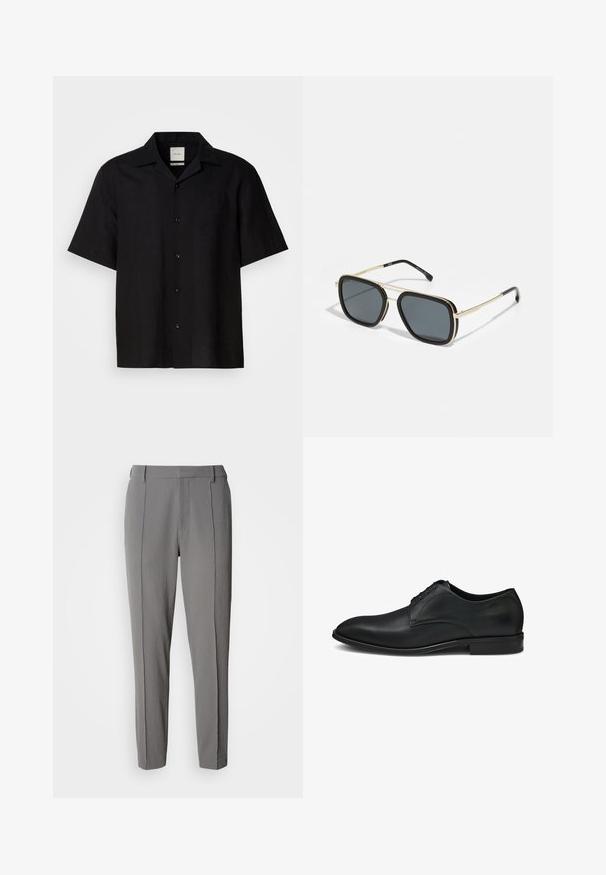 Juodas trumpas rankovės švarkelis, pagamintas iš lino audinio, su mygtukų užsegimu, smailiu apykakle ir lygia tekstūra. Be išraiškingų raštų ar akcentų.; Calvin Klein PULL ON - Kelnės - pewter; Juodas odinis elegantiškas batelis su lygia apdaila, apvaliu pirštu ir penkiais raišteliais su subtiliomis siuvinėjimo detalėmis.; Juodos ir auksinės akinių nuo saulės, kvadratinės formos, metalinis rėmelis, tamsiai pilki objektyvai ir juodi šventyklų galai. Turintys dvigubą tiltelio dizainą.