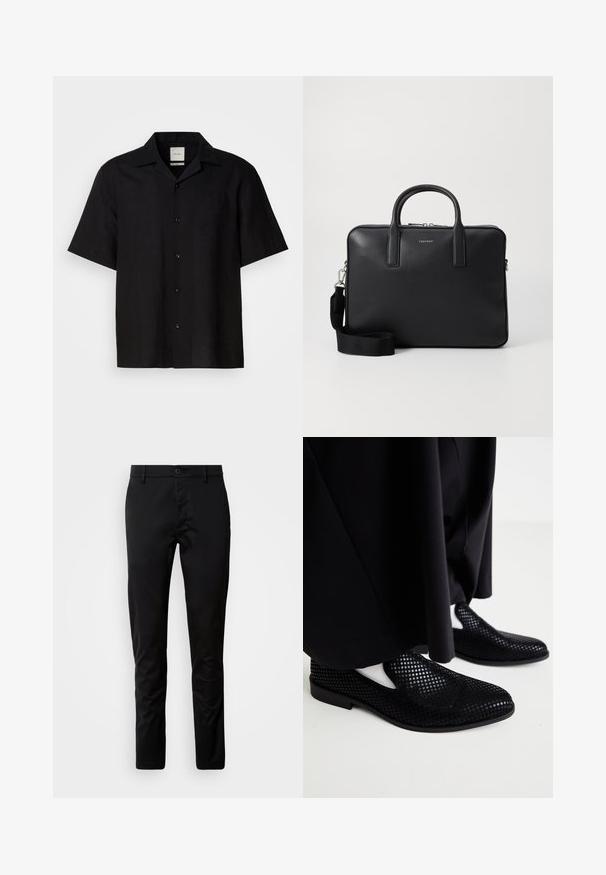 Maglietta nera a maniche corte in tessuto di lino, con chiusura a bottoni sul davanti, colletto a punta e texture liscia. Senza motivi o accenti evidenti.; Pantaloni neri con vestibilità slim, realizzati in tessuto morbido. Presentano una vita con chiusura a bottone e gambe dritta.; Scarpe slip-on nere perforate con suola piatta e superficie liscia. Design minimalista con ritagli laterali. Abbinato a pantaloni neri.; Valigetta in pelle nera con finitura texture, maniglie doppie, tracolla removibile e dettaglio logo frontale. Chiusura a zip.