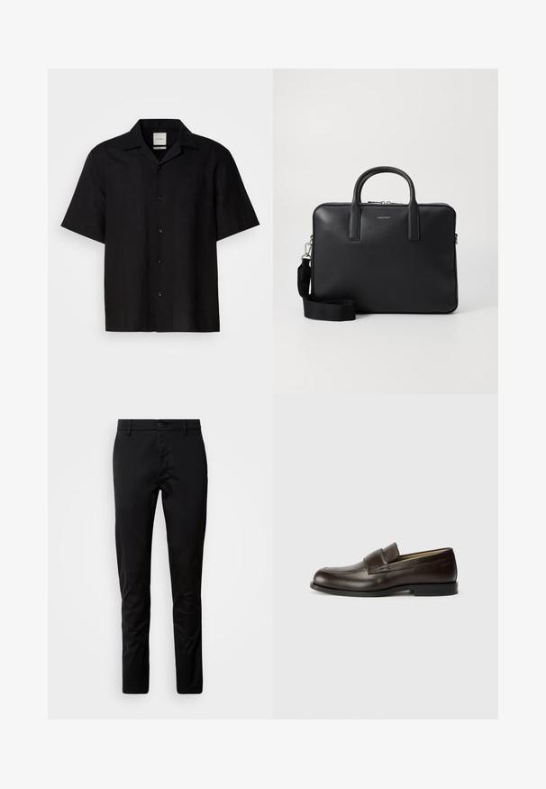Cămașă neagră cu mânecă scurtă, confecționată din țesătură de in, cu închidere frontala cu nasturi, guler ascuțit și textură netedă. Fără modele sau accente proeminente.; Pantaloni negri cu o croială slim, realizați dintr-un material neted. Au un tiv cu închidere prin buton și picioare drepte.; Calvin Klein Pantofi slip-on - cocoa brown; Servietă din piele neagră cu un finisaj texturat, mânere duale, curea de umăr detașabilă și detaliu cu logo pe față. Închidere cu fermoar.
