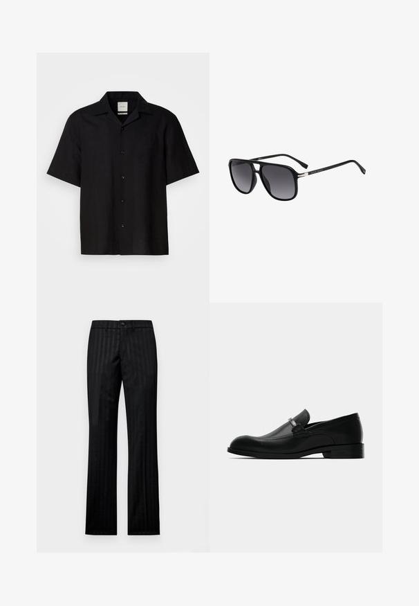 Črna srajca s kratkimi rokavi iz lanu, s prednjim gumbom, s koničastim ovratnikom in gladko teksturo. Brez izrazitih vzorcev ali okrasnih elementov.; Črne hlače ravnega kroja z diskretnim črtastim vzorcem. Narejene so iz gladkega materiala, imajo gumbno zapiranje in zanke za pas.; Črni usnjeni moški loafers s kovinsko zaponko, nizko peto in blagovno znamko na podplatu, prikazani s strani na beli podlagi.; Črne sončne očala z velikimi pravokotnimi lečami, gradientnim sivim odtenkom in kovinskimi detajli na štempljih. Texturiran plastičen okvir.