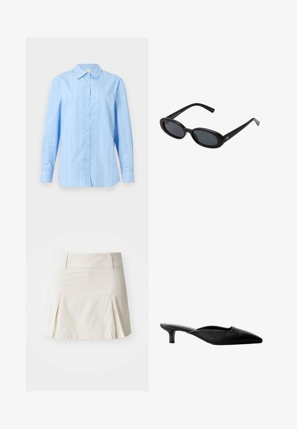 Világoskék, gombos, hosszú ujjú ing, függőleges fehér csíkokkal, hegyes gallérral és gombos mandzsettával. Pamut anyag, sima tapintással.; Világos bézs pamut szoknya, derekán illeszkedő, redőzött dizájnú, egyenes szegéllyel, sima felülettel és látható fém részletek nélkül.; Fekete bőr magassarkú mules, hegyes orral, nyitott hátsó résszel és alacsony tömbsarkal. Simább textúra minimális dizájnnal.; Fekete, oversize napszemüveg ovális lencsékkel, sima műanyag kerettel és arany részletekkel a fülpánton. Sötét lencséi védelmet nyújtanak a napfény ellen.