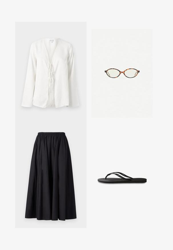 Blouse blanche avec un décolleté en V profond, des manches longues et un détail de nouage à l'avant. Fabriquée en tissu léger et lisse avec une coupe décontractée.; Jupe longue noire à taille élastique, fabriquée en tissu lisse avec une silhouette ample et fluide. Aucun motif ni élément matériel visible.; Tongs noires avec une semelle en caoutchouc texturée, deux fines lanières et un détail de logo embossé subtil sur la lanière.; Lunettes en écaille de tortue avec des verres ovales et une finition lisse et élégante. Présente des branches fines avec une courbure subtile au niveau des tempes. Verres transparents.