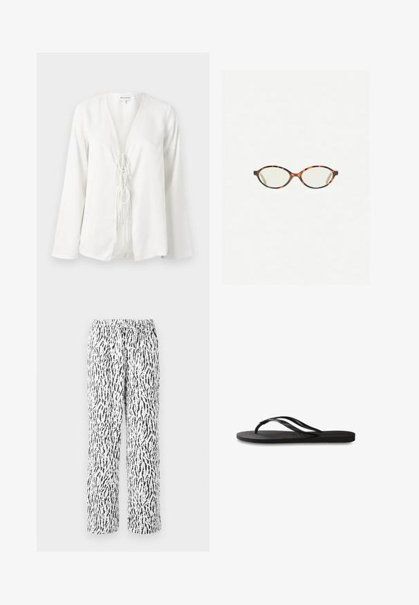 Blusa bianca con scollatura profonda a V, maniche lunghe e un dettaglio con nodo frontale. Realizzata in un tessuto leggero e liscio con una vestibilità rilassata.; Pantaloni a righe bianchi e neri con vita elastica e cordoncino, caratterizzati da un design loose fit e gamba dritta, realizzati in un tessuto morbido.; Infradito neri con suola in gomma testurizzata, due cinghie sottili e un sottile dettaglio del logo impresso sulla cinghia.; Occhiali in tartaruga con lenti ovali e una finitura liscia e elegante. Presentano aste sottili con una leggera curva alle tempie. Lenti trasparenti.