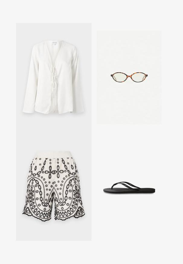 White blouse featuring a deep V-neck, long sleeves, and a front tie detail. Made of a smooth, lightweight fabric with a relaxed fit.; White fabric shorts with intricate black embroidery, featuring floral and paisley patterns, elastic waistband, and scalloped edges.; Black flip-flop featuring a textured rubber sole, two slender straps, and a subtle, embossed logo detail on the strap.; Tortoiseshell eyeglasses with oval lenses and a sleek, smooth finish. Features thin sides with a subtle curve at the temples. Clear lenses.