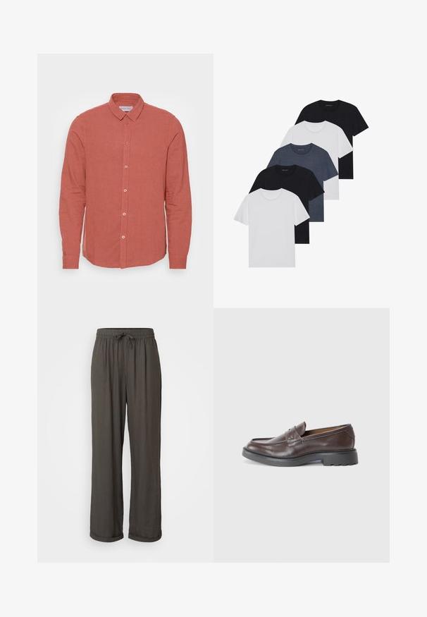 Long-sleeve shirt in faded coral linen, featuring a classic collar and front button closure with matching buttons. Smooth texture and tailored fit.; Set of five t-shirts in black, white, and navy blue. Cotton fabric, short sleeves, crew neck design, and plain texture with no patterns.; Dark gray wide-leg pants with a drawstring waist, made of a soft, textured fabric, featuring rolled cuffs at the ankles.; Brown leather loafers with a smooth finish, round toe, minimal stitching, and a thick black rubber sole. No visible hardware or accents.