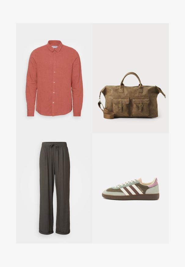 Cămașă cu mâneci lungi din in corai estompat, având un guler clasic și închidere frontală cu nasturi asortați. Textură netedă și croială ajustată.; Pantaloni largi gri închis cu talie cu șnur, confecționați dintr-un material moale, texturat, având manșete răsucite la gleznă.; D чувствительный текстilă в  verde, maro și bej cu trei dungi albe. Are un accent roz deschis la toc și o talpă texturată.; Geantă de voiaj din piele maro, cu două buzunare frontale, curea de umăr ajustabilă, accesorii aurii și mânere superioare rezistente. Textură netedă.