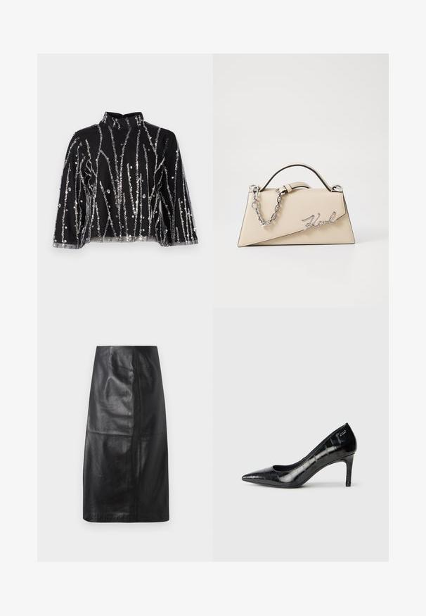 Musta lyhyt toppi korkealla kauluksella, jossa on hopeanvärisiä paljetteja vaakasuorina, läpinäkyvät hihat ja teksturoitu materiaali.; DRYKORN GENTIANA - Kynähame - black; Mustat korkeakorkoiset kengät, joissa on terävä kärki, kiiltävä pinta ja hienovarainen tekstuurikuosi. Kengissä on kohtuullinen korko ja avara kaulus.; Käsveska av beige läder med en strukturerad, triangulär form, utformad med ett handtag av silverkedja och en kursiv logotyp i metall.