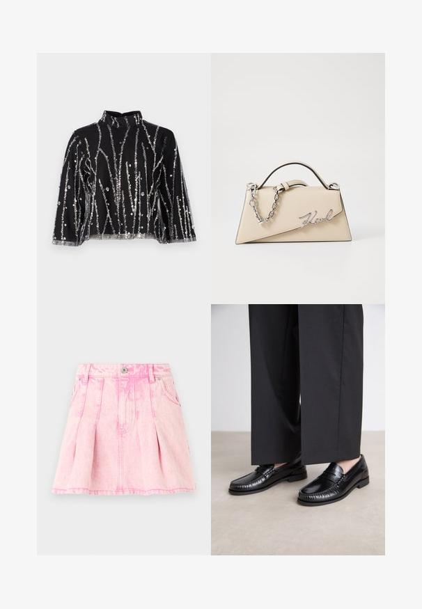 Musta lyhyt toppi korkealla kauluksella, jossa on hopeanvärisiä paljetteja vaakasuorina, läpinäkyvät hihat ja teksturoitu materiaali.; Vaaleanpunainen farkuhame, jossa on laskoksia, napin ja vetoketjun sulkeminen, viisi taskua ja koristeompeleet. Kulutettu pinta vaaleassa sävyssä.; Mustat nahka loaferit, joissa on sileä pinta, tikattu yksityiskohta varpaiden ympärillä ja matala kumipohja. Yhdistetty leveiden mustien housujen kanssa.; Käsveska av beige läder med en strukturerad, triangulär form, utformad med ett handtag av silverkedja och en kursiv logotyp i metall.