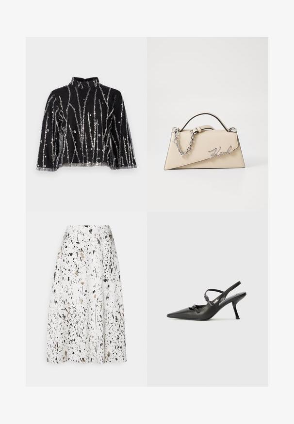 Juodas trumpas viršus su aukštu kaklu, papuoštas sidabriniais blizgučiais vertikaliomis linijomis, permatomomis rankovėmis ir tekstūruotu audiniu.; Balta sijonas su juodai ir smėlio spalva išmarginto rašto, iki kelių, su lygiu paviršiumi ir platėjančia siluetu.; Juodi odiniai slingback kulniukai su smailiu pirštu, siauru kulnu ir dekoratyvine sagtimi viršuje. Lygus paviršius ir elegantiškas dizainas.; Bežinė odinė rankinė su struktūrine trikampio forma, turinti sidabrinę grandinėlę ir metalinį bajorišką logotipą.