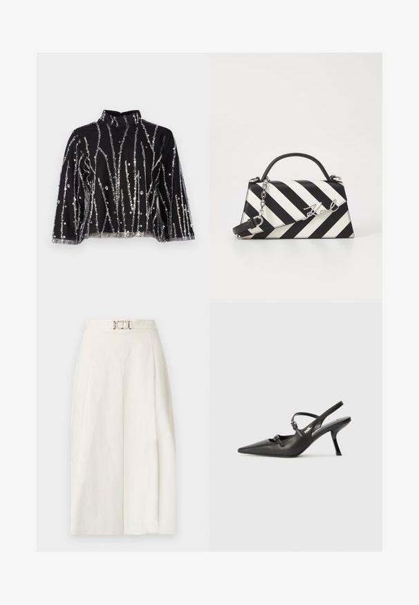 Musta lyhyt toppi korkealla kauluksella, jossa on hopeanvärisiä paljetteja vaakasuorina, läpinäkyvät hihat ja teksturoitu materiaali.; Valkoiset, leveälahkeiset housut puuvillakankaasta. Ominaisuuksina korkea vyötärö, etupliitti ja metallinen vyösolki. Sileä pinta.; Mustat nahkaiset slingback-korkokengät, joissa on terävä kärki, hoikka korko ja koristeellinen solkityyny varpailla. Tasainen pinta ja tyylikäs muotoilu.; Mustikkamustavalkoinen raita käsilaukku, jossa on jämäkkä muoto, ylhäällä oleva kahva, irrotettava ketjuhihna ja metallinen logoelementti.