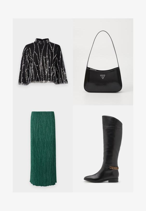 Haut court noir à col montant, présentant des lignes verticales en sequins argentés, des manches transparentes et un tissu texturé.; Longue jupe verte avec une surface texturée comportant des plis verticaux et un léger brillant. Elle a une silhouette droite et un ourlet festonné.; Bottes en cuir noir hautes au design épuré, avec un bout pointu et un accent en chaîne dorée à la cheville. Talon bas en bloc. Texture lisse.; Sac à épaule en cuir verni noir avec une forme incurvée, présentant un logo triangle en argent et une fermeture éclair. Texture lisse et bandoulière fine.