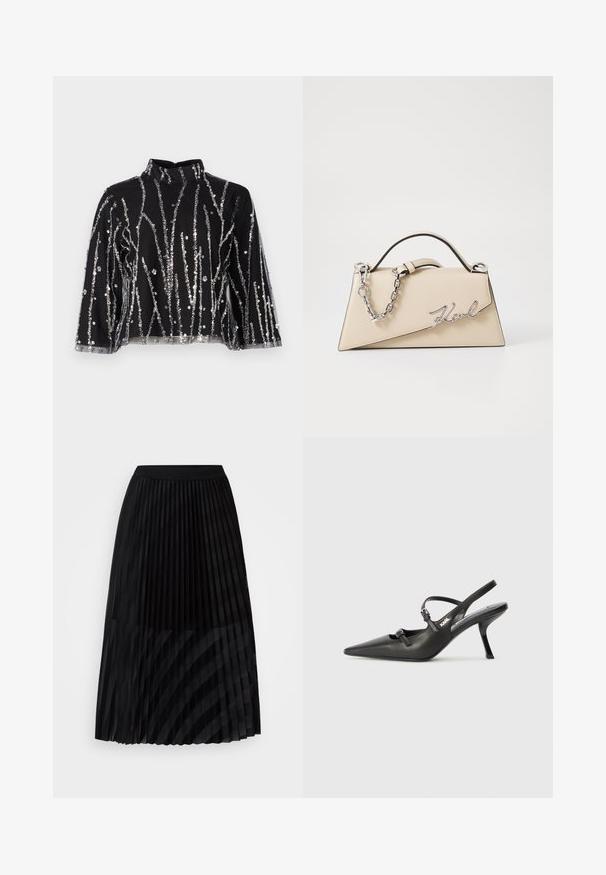 Top scurt negru cu guler înalt, prezentând linii verticale din paiete argintii, mâneci transparente și țesătură texturată.; Fustă plisată neagră dintr-un material ușor, cu un brâu elastic, având dungi verticale create prin alternarea texturilor.; Pantofi cu toc slingback din piele neagră, cu vârful ascuțit, toc subțire și detaliu decorativ cu cataramă pe partea din față. Textură netedă și design elegant.; Geantă din piele bej, cu o formă structurată, triangulară, având un mâner din lanț argintiu și un logo cursiv din metal.