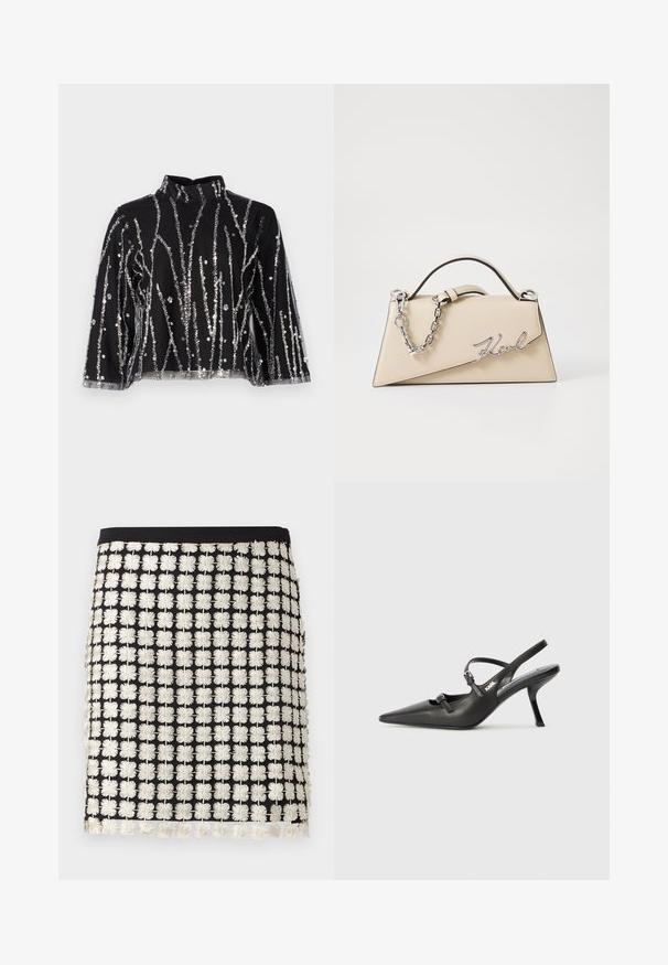 Mustmust lõhikuga must topp kõrgema kaelusega, millel on hõbedased säbrulised vertikaalsed read, läbipaistvad varrukad ja tekstureeritud kangas.; Must mustriga, millel on valged lillemustriga tikandid. Aktsentideks on narmad servas ja kroogitud vöökoht.; Must musta slingback kontsad, terava nina, peenike konts ja dekoratiivne pandla detail peal. Sile tekstuur ja stiilne disain.; Bež nahkplekuga kott, millel on struktureeritud kolmnurkne kuju, hõbedase ahela käepide ja kursiivne metallist logo.