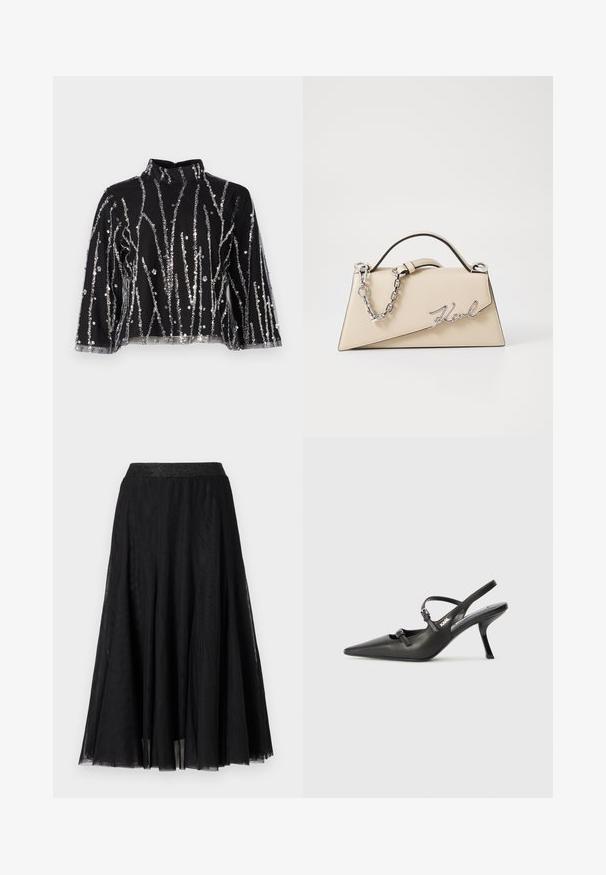 Black cropped top with high neck, featuring silver sequined vertical lines, sheer sleeves, and textured fabric.; Black maxi skirt with a textured, flowing design. Features a wide, shimmering waistband and a layered, sheer fabric for a graceful look.; Black leather slingback heels with a pointed toe, slender heel, and decorative buckle detail on the vamp. Smooth texture and sleek design.; Beige leather handbag with a structured, triangular shape, featuring a silver chain handle and a cursive logo in metal.
