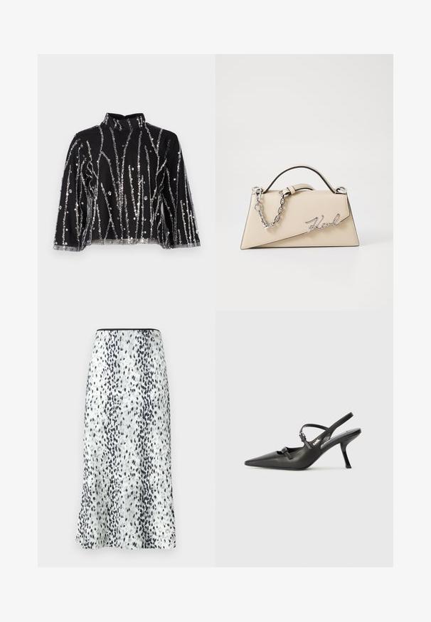 Fekete, cropped fazonú felső magas nyakkal, ezüstszínű flitteres függőleges csíkokkal, áttetsző ujjakkal és texturált anyaggal.; Térd fölötti szoknya, amely fehér anyagból készült, fekete és szürke foltos mintával, egyszerű derékkal és egy kis logóval díszítve.; Fekete bőrszíjjal ellátott magassarkú cipő, hegyes orral, karcsú sarkával és díszes csattal a vamp részén. Simás textúra és elegáns dizájn.; Beige bőrtáska, struktúrált, háromszögletű formával, ezüst lánc fogantyúval és fém, írott logóval.
