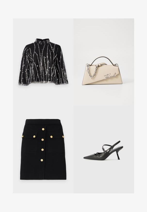 Melna īsā topiņa ar augstu kaklu, kurai ir sudraba mirdzošas vertikālas svītras, caurspīdīgas piedurknes un teksturēta auduma.; Melna svārki, kas izgatavoti no mīkstas auduma, ar taisnu piegriezumu, zelta pogām pa priekšpusi un divām kabatām ar uzliekamām aizdares. ; Melnas ādas slingback papēži ar norādītu purngalu, izsmalcinātu papēdi un dekoratīvu sprādzi uz priekšpuses. Gluda tekstūra un elegants dizains.; Bežs ādas roku soma ar strukturētu, trīsstūrveida formu, piedāvā sudraba ķēdes rokturi un kursīva metāla logotipu.