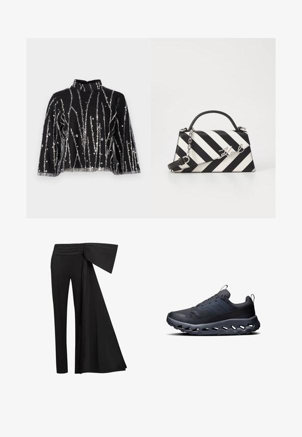Czarny krótki top z wysokim dekoltem, zdobiony pionowymi liniami z srebrnych cekinów, z przezroczystymi rękawami oraz fakturowanym materiałem.; Czarne spodnie z szerokim, drapowanym paskiem w talii. Gładki materiał, prosty krój nogawki i plisowany pasek w talii.; Czarne buty sportowe z teksturowaną siateczką, z podniesionymi akcentami oraz grubą, amortyzującą podeszwą z wycięciami dla elastyczności i wentylacji.; Czarna i biała torebka w paski o strukturalnym kształcie, z górnym uchwytem, odpinanym łańcuszkiem oraz metalicznym akcentem z logo.