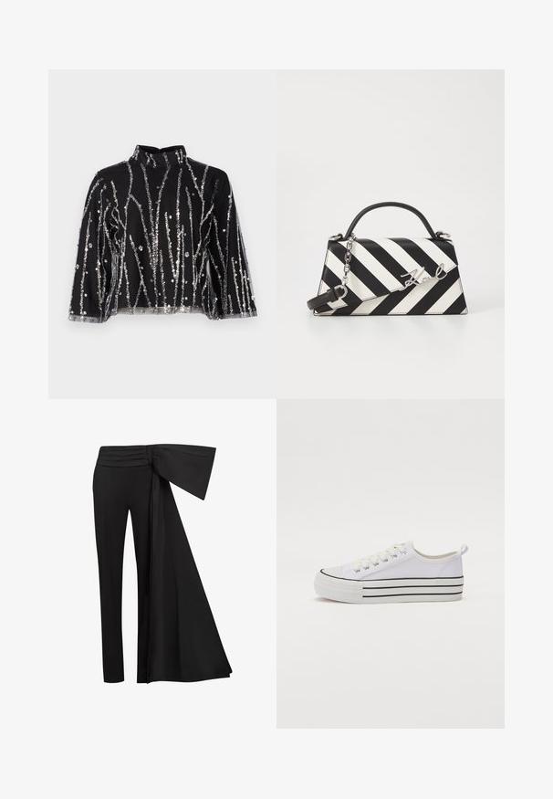 Mustmust lõhikuga must topp kõrgema kaelusega, millel on hõbedased säbrulised vertikaalsed read, läbipaistvad varrukad ja tekstureeritud kangas.; Mustad püksid laia, rippuva paela detailiga taljes. Sile kangas, sirge sääre lõige ja volditud talje.; Valge kangast toss, millel on ümar nina, must välispõhi ja horisontaalsed mustad triibud. Omab paelu ja kannal silmust, et oleks mugav jalga panna.; Mustriga musta ja valgega käekott, millel on struktureeritud kuju, pehme käepide, eemaldatav ahelriba ja metallist logo aktsent.