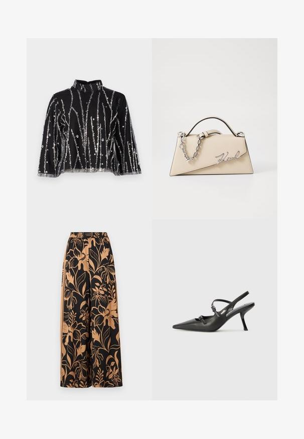 Melna īsā topiņa ar augstu kaklu, kurai ir sudraba mirdzošas vertikālas svītras, caurspīdīgas piedurknes un teksturēta auduma.; Pūkainie melnie bikses ar zelta botānisko ziedu rakstu, elastīgu jostu un sānu detaļām ar zīmola tekstu. Mīksta auduma, plata kāju dizains.; Melnas ādas slingback papēži ar norādītu purngalu, izsmalcinātu papēdi un dekoratīvu sprādzi uz priekšpuses. Gluda tekstūra un elegants dizains.; Bežs ādas roku soma ar strukturētu, trīsstūrveida formu, piedāvā sudraba ķēdes rokturi un kursīva metāla logotipu.