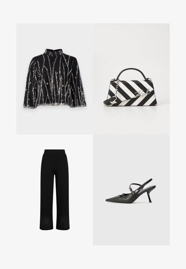 Svart kort topp med hög hals, prydd med silverfärgade paljetter i vertikala linjer, genomskinliga ärmar och texturerad väv.; Svarta sweatpants med vida ben, elastisk midja och blommig broderi vid fållen. Tillverkade av mjukt, stretchigt tyg.; Svarta läderklackar med slingback, spetsig tå, smal klack och dekorativ spänndetalj på ovansidan. Slät struktur och stilren design.; Svart och vit randig handväska med en strukturerad form, som har ett handtag upptill, en avtagbar kedjesnodd och en metallisk logotypdetalj.