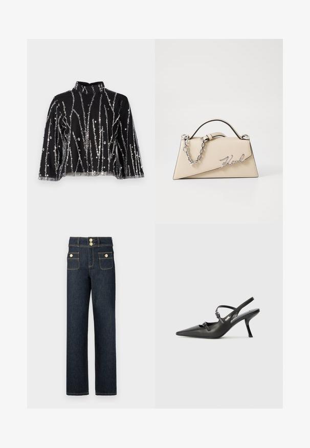 Black cropped top with high neck, featuring silver sequined vertical lines, sheer sleeves, and textured fabric.; Dark blue denim jeans with a straight-leg design, two front pockets, gold hardware accents, and contrast stitching details.; Black leather slingback heels with a pointed toe, slender heel, and decorative buckle detail on the vamp. Smooth texture and sleek design.; Beige leather handbag with a structured, triangular shape, featuring a silver chain handle and a cursive logo in metal.