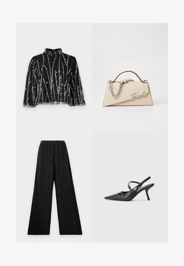 Svart topp med høy hals, prydet med sølvfargede paljetter i vertikale linjer, gjennomsiktige ermer og teksturert stoff.; Svarte vidbenede bukser med elastisk talje, prydet med et subtilt blomstermønster i en mørkere nuance. Glat stoftekstur.; Sorte skinn slingback-hæler med spiss tå, slank hæl og dekorativ spenne detalj på vampsiden. Glatt tekstur og stilrent design.; Beige lærveske med en strukturert, trekantet form, som har et sølvfarget kjedehåndtak og en skrifttype-logo i metall.