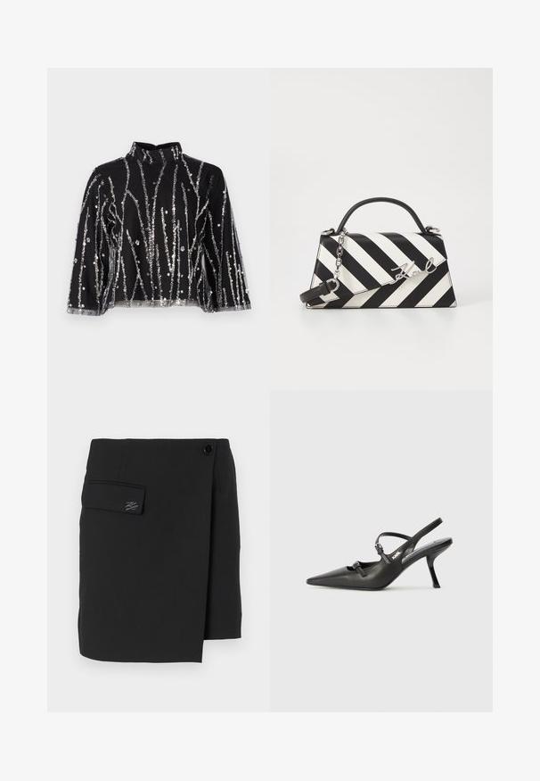Fekete, cropped fazonú felső magas nyakkal, ezüstszínű flitteres függőleges csíkokkal, áttetsző ujjakkal és texturált anyaggal.; Fekete, sima anyagból készült rakott szoknya, oldalsó zsebbel, gombbal, valamint finoman hímzett logó részlettel.; Fekete bőrszíjjal ellátott magassarkú cipő, hegyes orral, karcsú sarkával és díszes csattal a vamp részén. Simás textúra és elegáns dizájn.; Fekete-fehér csíkos kézitáska, strukturált formával, felső fogantyúval, leválasztható lánc pánttal és fémes logóval.