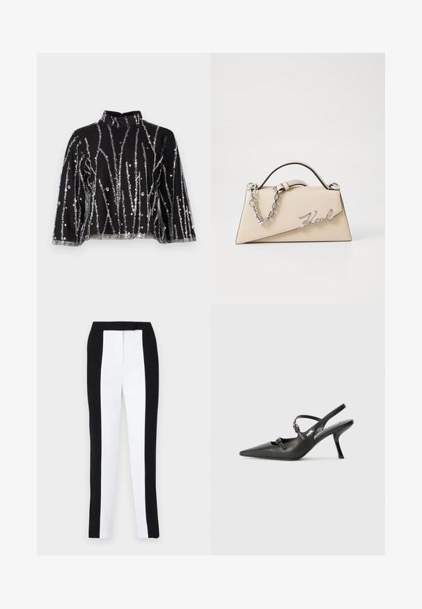 Zwart cropped top met hoge hals, voorzien van zilveren pailletten in verticale lijnen, doorschijnende mouwen en gestructureerde stof.; Zwart-witte tapered broek met een slanke pasvorm en contrasterende panelen. De stof heeft een gladde textuur; de tailleband is plat en aansluitend.; Zwarte leren slingback hakken met een spitse neus, slanke hak en decoratieve gespdetails op de bovenkant. Gladde textuur en een strakke uitstraling.; Beige leren handtas met een gestructureerde, driehoekige vorm, voorzien van een zilveren kettinghandvat en een cursieve logo in metaal.