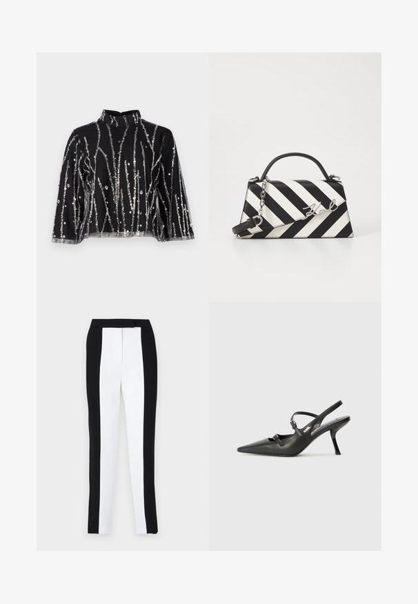 Top corto negro de cuello alto, con líneas verticales de lentejuelas plateadas, mangas transparentes y tejido texturizado.; Pantalones ajustados de corte tapered en blanco y negro, con un ajuste slim y paneles en contraste. La tela tiene una textura suave; la cinturilla es plana y ajustada.; Tacones slingback de cuero negro con punta afilada, tacón delgado y detalle decorativo de hebilla en la parte superior. Textura suave y diseño elegante.; Bolso de mano a rayas en blanco y negro con una forma estructurada, que cuenta con un asa superior, una correa de cadena desmontable y un acento de logo metálico.