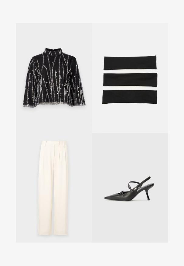 Musta lyhyt toppi korkealla kauluksella, jossa on hopeanvärisiä paljetteja vaakasuorina, läpinäkyvät hihat ja teksturoitu materiaali.; Vaaleanbeige leveälahkeiset housut, joissa on sileä pinta, etupuolella laskokset ja tasainen vyötärö. Ei näkyviä kiinnityksiä tai taskuja.; Mustat nahkaiset slingback-korkokengät, joissa on terävä kärki, hoikka korko ja koristeellinen solkityyny varpailla. Tasainen pinta ja tyylikäs muotoilu.; Kolm musta ja valget elastset peapaela komplekt, millel on sile tekstuur ja lihtne, lapik disain. Iga pael on ühesuguse laiususega.