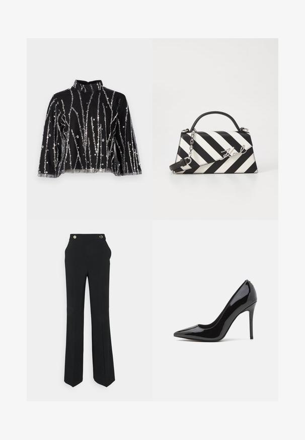 Top preto cropped com gola alta, apresentando linhas verticais de lantejoulas prateadas, mangas transparentes e tecido texturizado.; Calças pretas com um design de perna reta e ampla. Apresenta uma cintura alta, dois botões circulares em tom dourado e bolsos laterais. Textura de tecido suave.; Sapato de salto alto em pele envernizada preta, com bico fino e textura suave, apresentando um salto estilo stiletto esguio. Sem adornos visíveis.; Bolsa de mão às riscas pretas e brancas com um formato estruturado, apresentando uma alça superior, uma alça de corrente destacável e um detalhe em logotipo metálico.