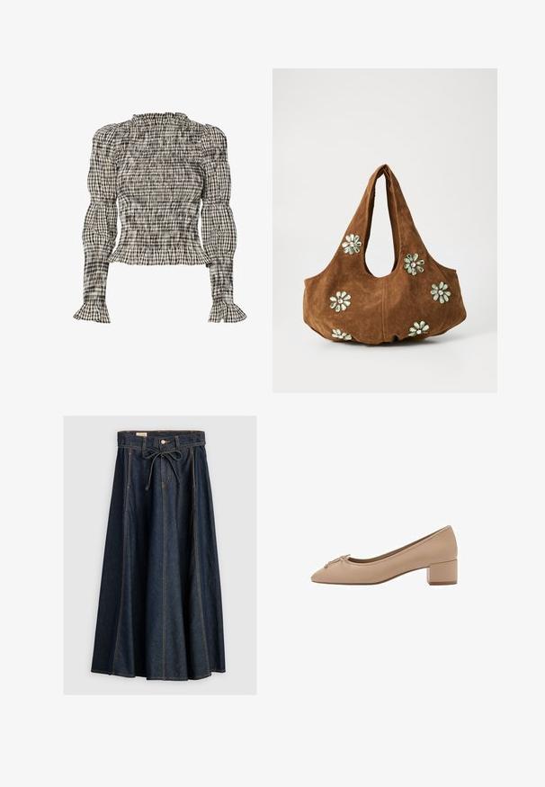 Geraffte Bluse mit karierter Musterung in Schwarz, Weiß und Beige. Rüschensaum am Kragen und an den Ärmeln, lange Ärmel, kürzere Passform.; Levi's® XL SKIRT - Jeansrock - square circle; Beige Lederpumps mit spitzem Zehenbereich, kleinen Schleifen-Details an der Vorderseite und einem quadratischen, niedrigen Absatz. Glatte Textur mit minimaler Naht.; Braune Wildlederhandtasche mit einer lässigen Form, verziert mit grünen Blumenapplikationen und hellen Akzenten. Zwei robuste Schulterriemen.