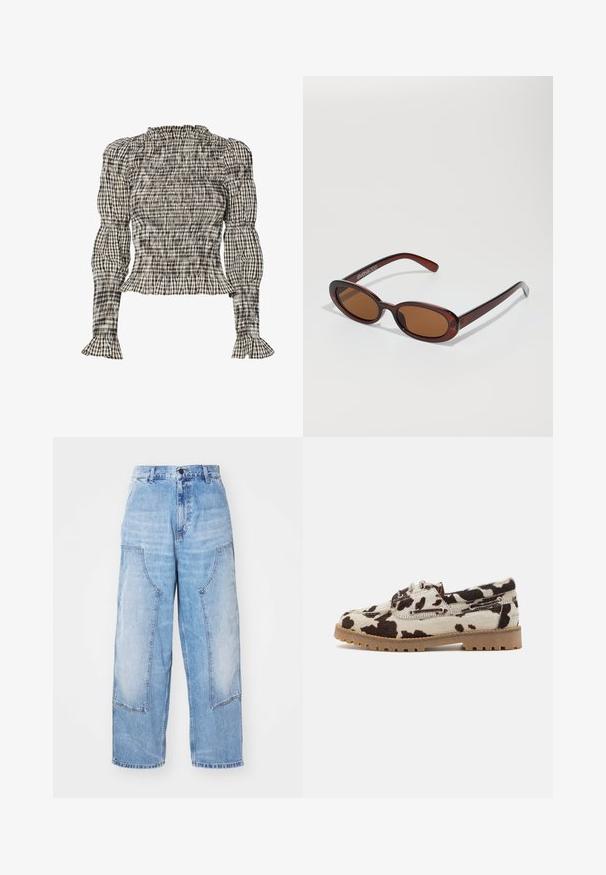 Smockirana bluzica z vzorcem karirice v črni, beli in bež barvi. Ruffles na vratu in manšetah, dolgi rokavi, skrajšan kroj.; Svijetloplave traper široke hlače s dva velika prednja džepa, kopčom na dugme i suptilnim izbljeđenjem. Šivani detalji na džepovima.; Čevlji z vzorcem kravjega usnja, ki imajo kremno osnovo z temno rjavimi madeži, izdelani z gumijastim podplatom in zavezovanjem.; Okrogle, rjavo obarvane sončne naočare z sijočim burgundskim okvirjem. Tanek nosilec s subtilnim logotipom. Oblika leč je ravna.