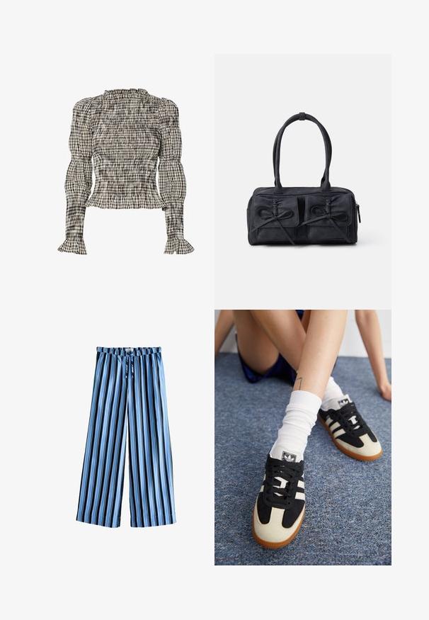 Blouse smockée avec un motif à carreaux en noir, blanc et beige. Encolure et poignets à volants, manches longues, coupe courte.; Pantalons larges rayés en bleu clair et marine, avec une taille à cordon de serrage, en tissu doux et une silhouette ample pour le confort.; Baskets noires et blanches avec une tige en daim et cuir, comportant trois rayures blanches et une semelle en caoutchouc. Paire portée avec des chaussettes blanches.; Sac à main en tissu noir avec deux poches avant dotées de détails en nœud, deux poignées et fermeture éclair. Texture douce et forme rectangulaire.