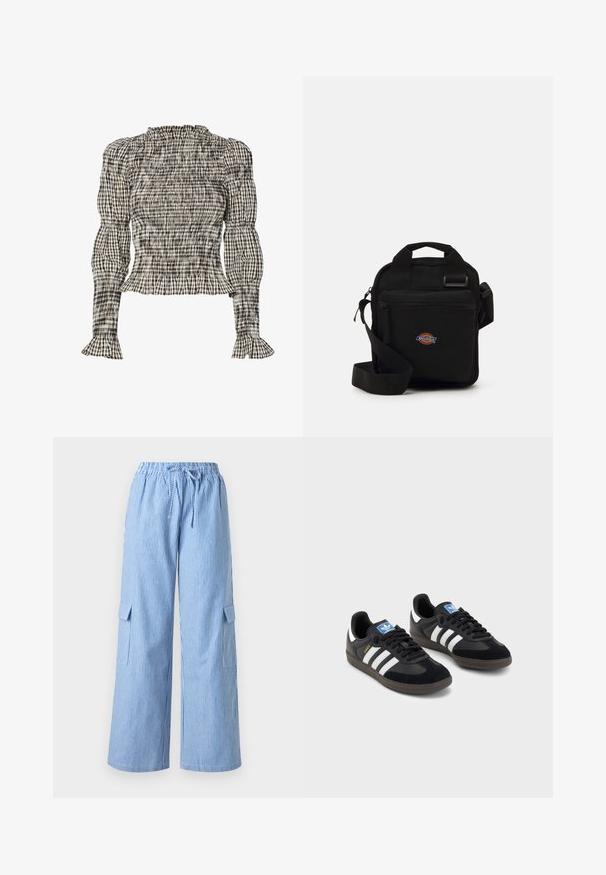 Smockirana bluzica z vzorcem karirice v črni, beli in bež barvi. Ruffles na vratu in manšetah, dolgi rokavi, skrajšan kroj.; Modri in beli prugasti cargo hlače z elastičnim pasom, vrvico in stranskimi žepi za sproščen fit.; Črne športne copate z zgornjim delom iz semiša in sintetičnih materialov, ki imajo tri bele črte, teksturiran gumijast podplat in modro označevalno oznako na jeziku.; Črna crossbody torba z zadrgo, pravokotne oblike, izdelana iz blaga, z logotipom na sprednji strani, nastavljivim ramenskim trakom.